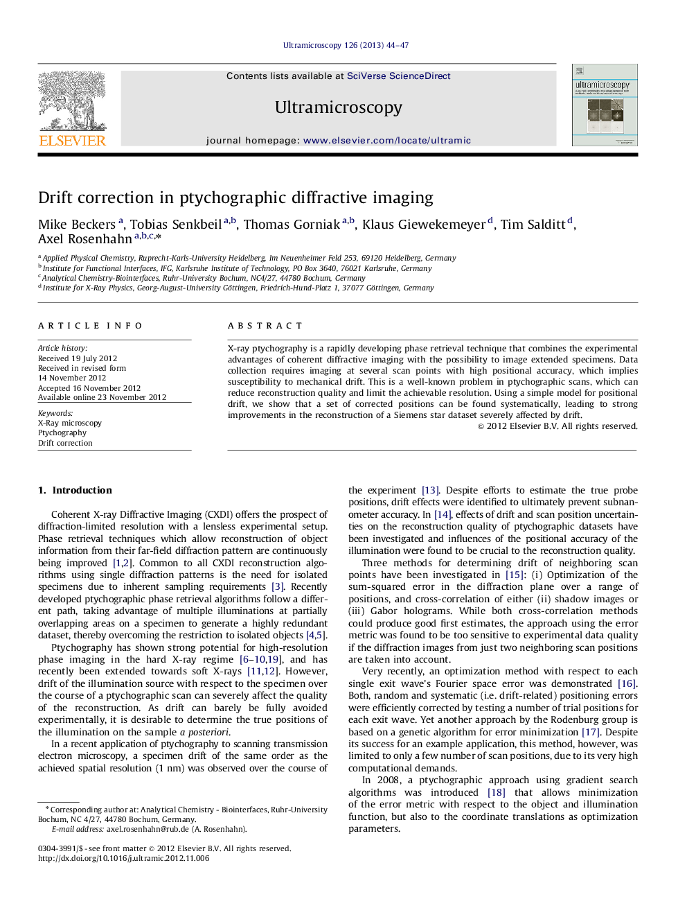 Drift correction in ptychographic diffractive imaging