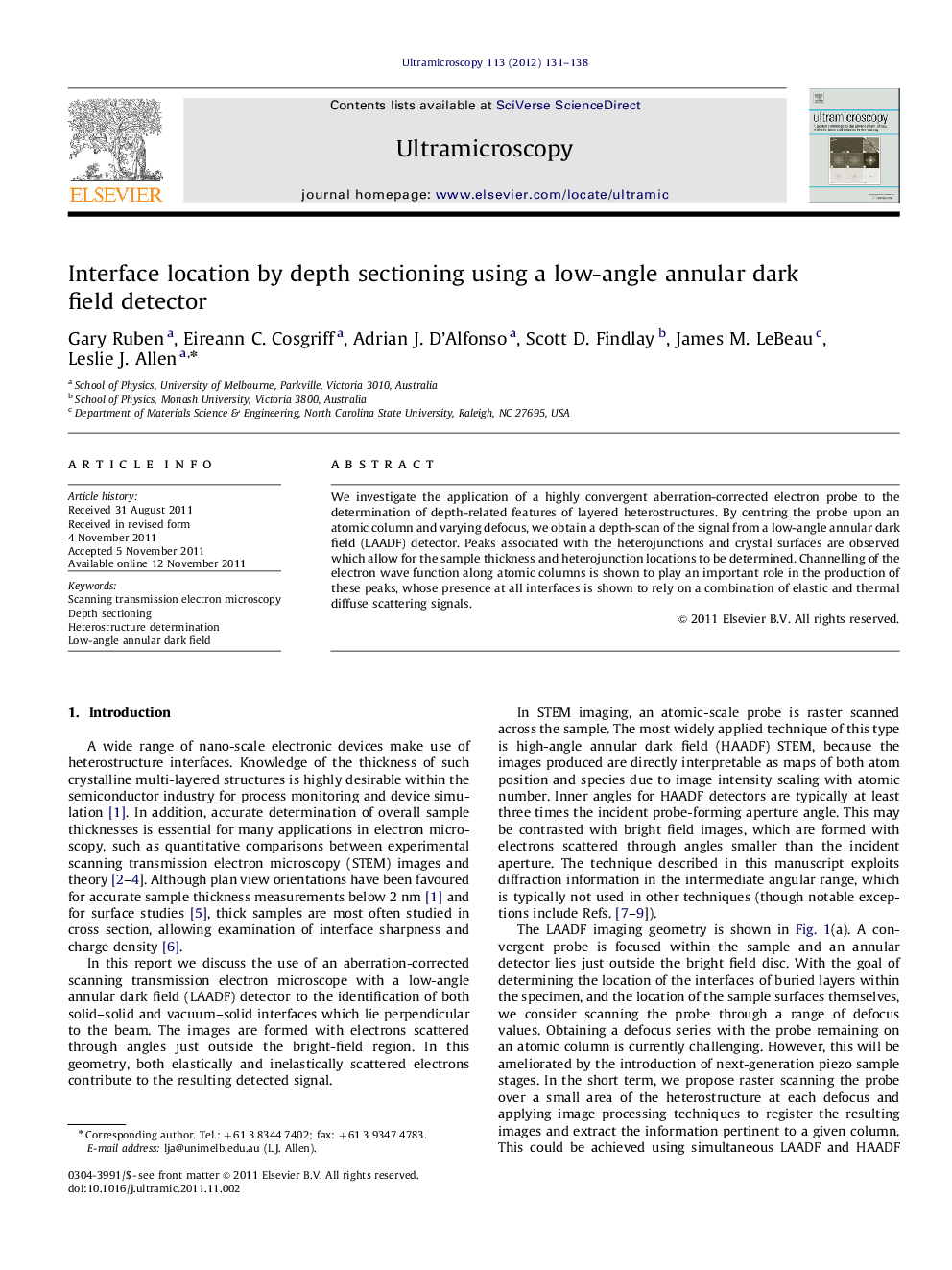 Interface location by depth sectioning using a low-angle annular dark field detector