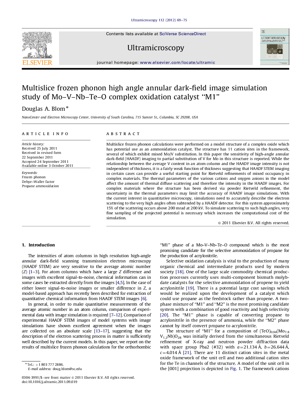 Multislice frozen phonon high angle annular dark-field image simulation study of Mo–V–Nb–Te–O complex oxidation catalyst “M1”