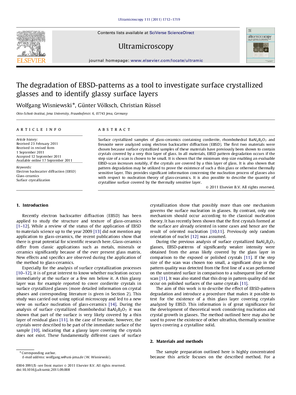 The degradation of EBSD-patterns as a tool to investigate surface crystallized glasses and to identify glassy surface layers