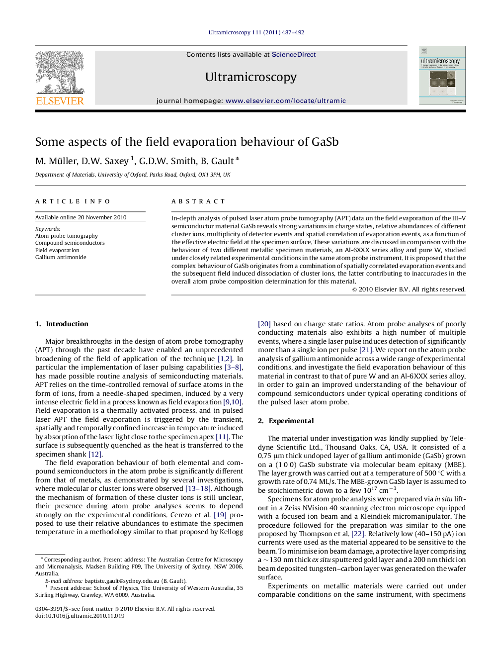 Some aspects of the field evaporation behaviour of GaSb