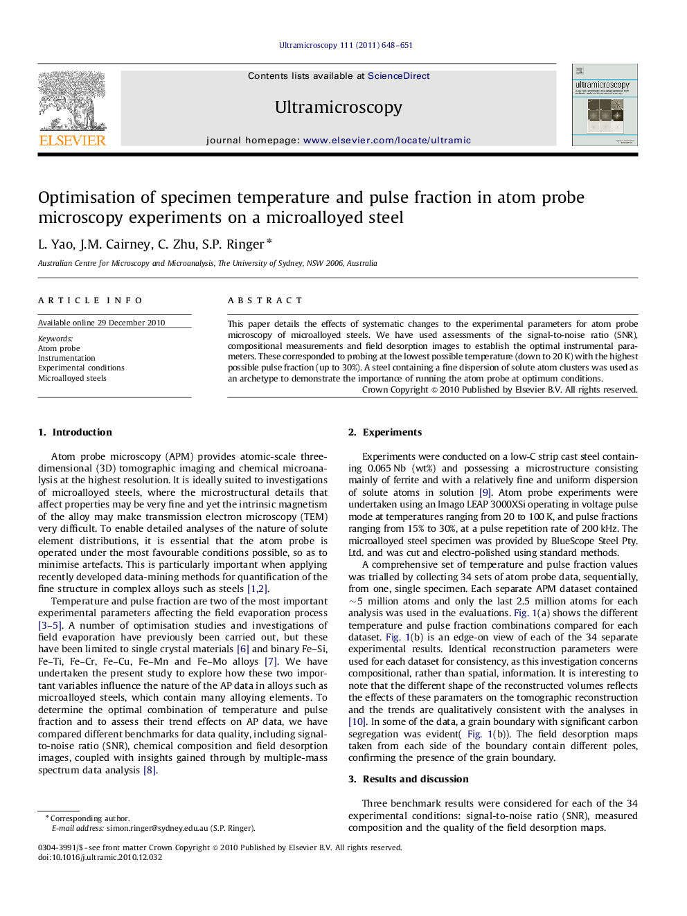 Optimisation of specimen temperature and pulse fraction in atom probe microscopy experiments on a microalloyed steel