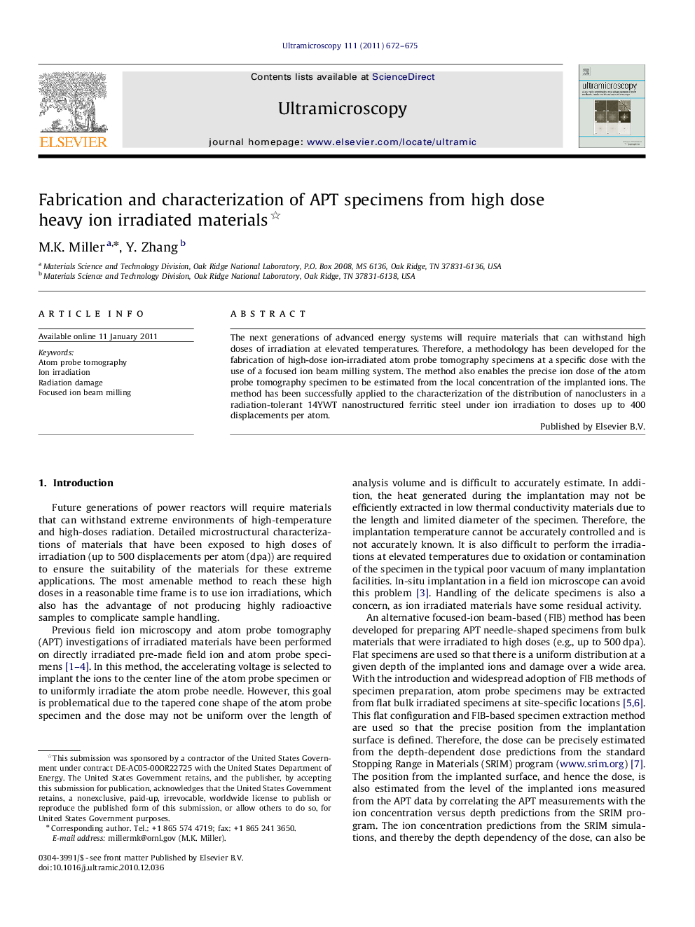 Fabrication and characterization of APT specimens from high dose heavy ion irradiated materials 