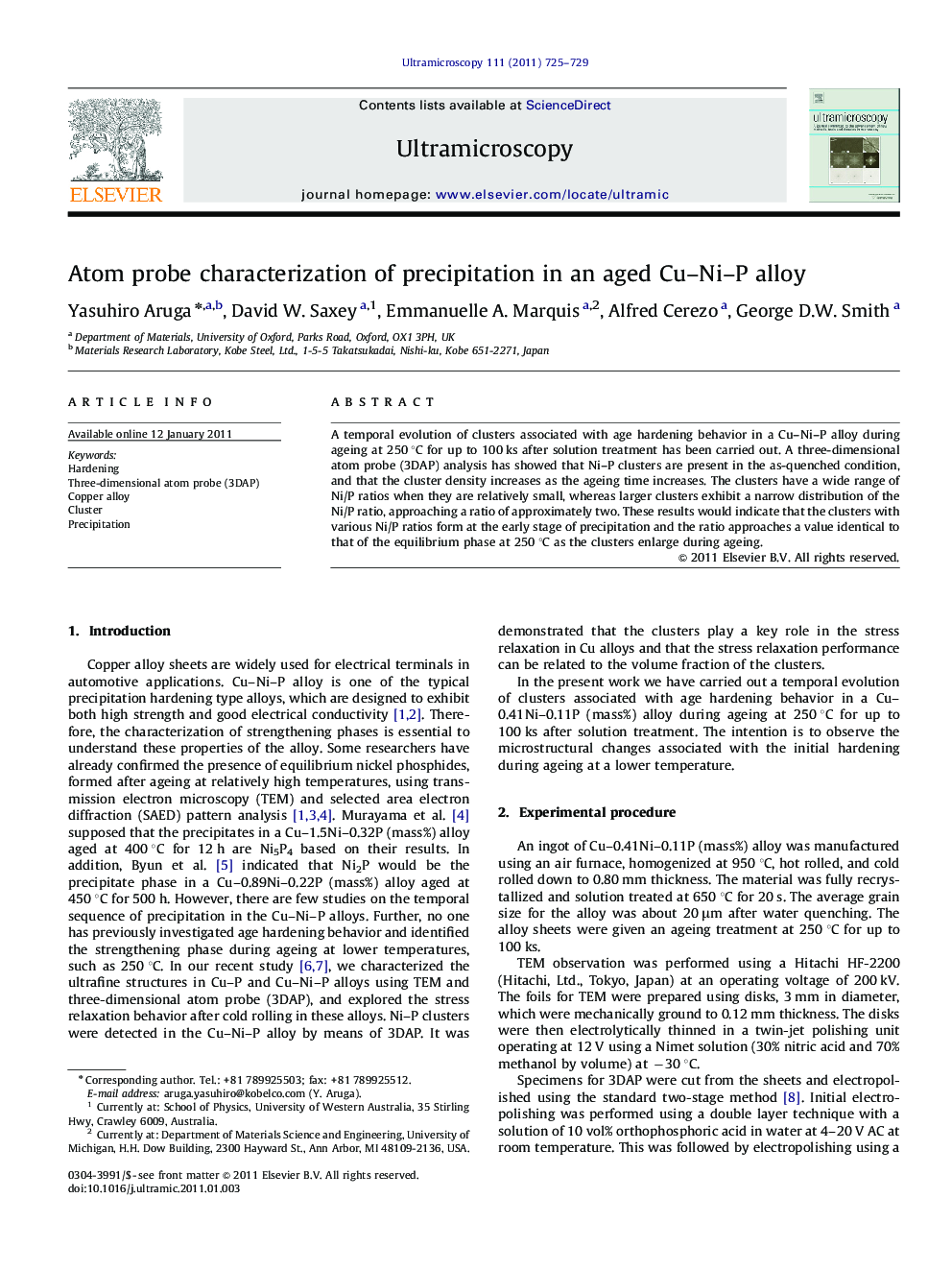 Atom probe characterization of precipitation in an aged Cu–Ni–P alloy