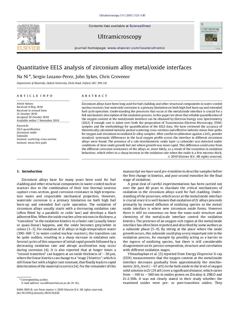 Quantitative EELS analysis of zirconium alloy metal/oxide interfaces