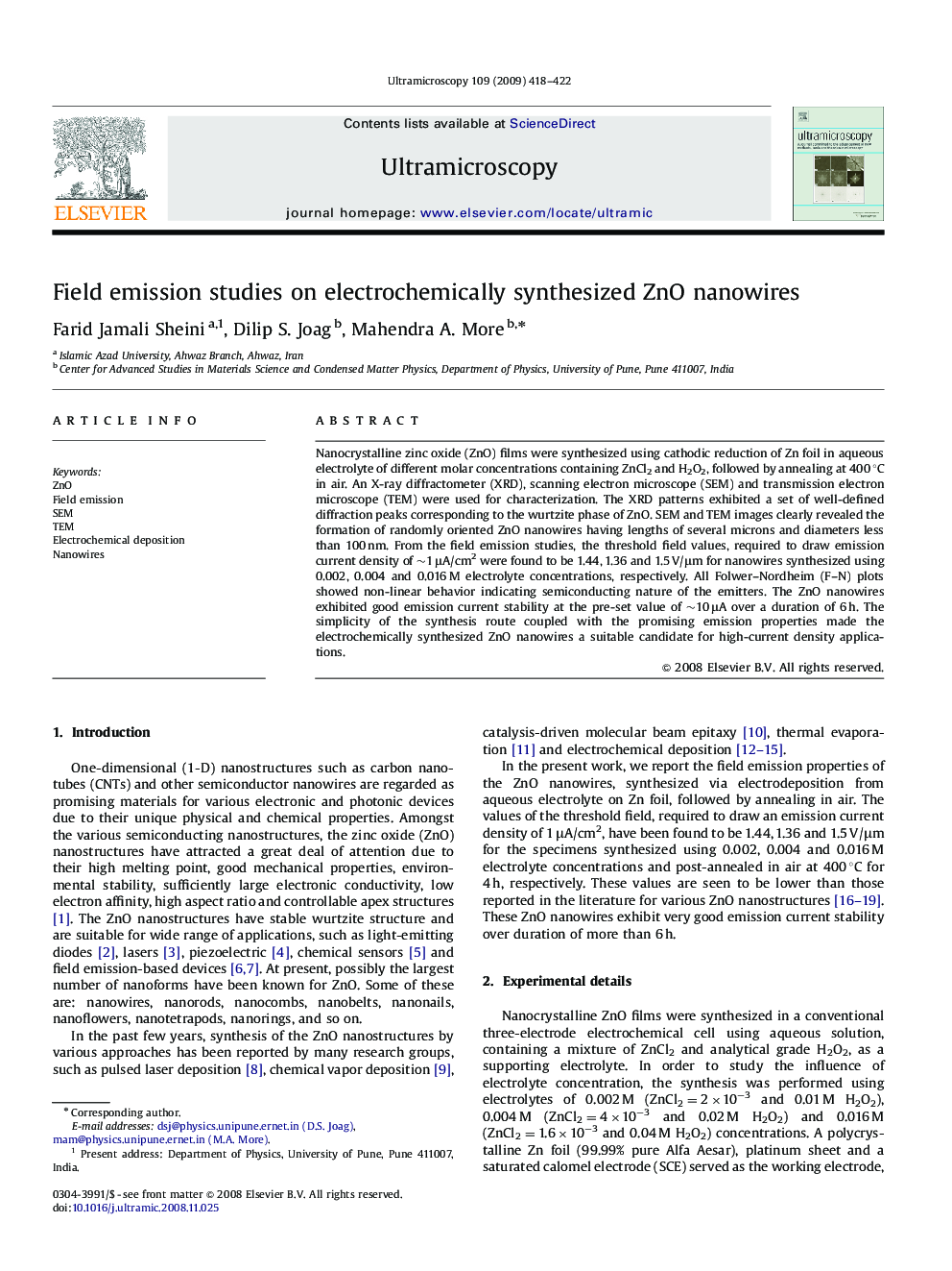 Field emission studies on electrochemically synthesized ZnO nanowires