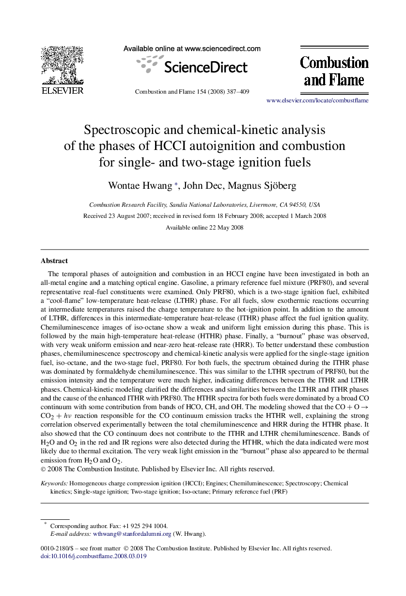 Spectroscopic and chemical-kinetic analysis of the phases of HCCI autoignition and combustion for single- and two-stage ignition fuels