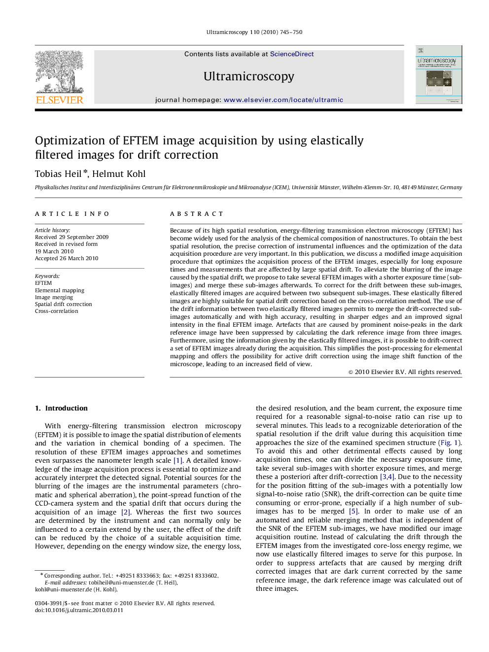 Optimization of EFTEM image acquisition by using elastically filtered images for drift correction