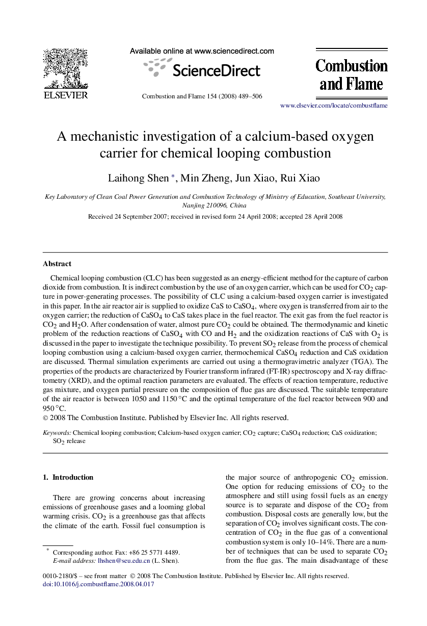 A mechanistic investigation of a calcium-based oxygen carrier for chemical looping combustion