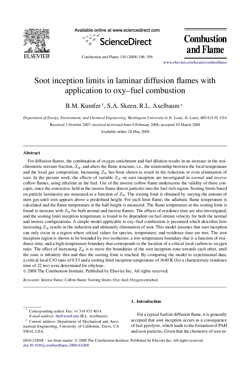 Soot inception limits in laminar diffusion flames with application to oxy–fuel combustion