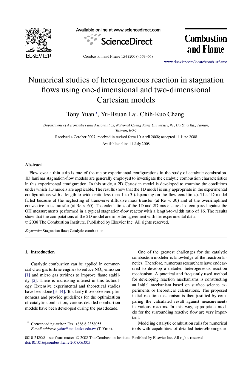 Numerical studies of heterogeneous reaction in stagnation flows using one-dimensional and two-dimensional Cartesian models