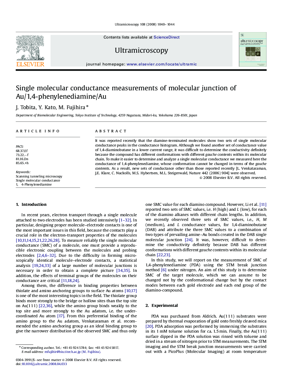 Single molecular conductance measurements of molecular junction of Au/1,4-phenylenediamine/Au