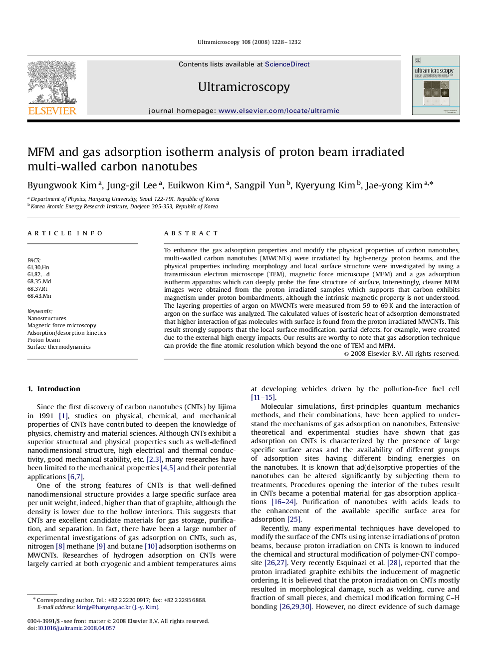 MFM and gas adsorption isotherm analysis of proton beam irradiated multi-walled carbon nanotubes