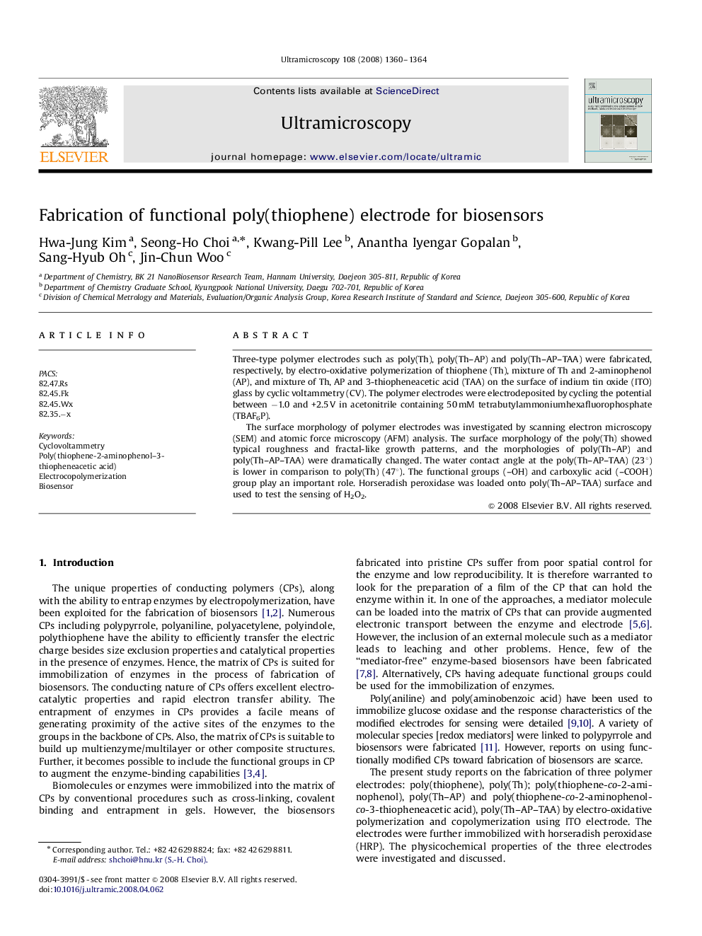 Fabrication of functional poly(thiophene) electrode for biosensors