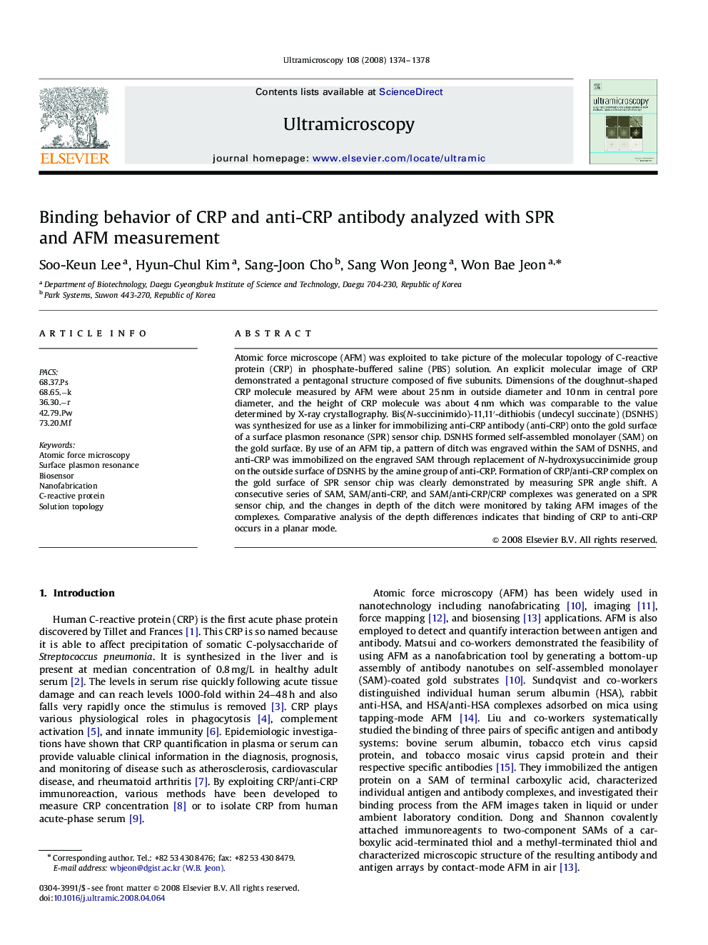 Binding behavior of CRP and anti-CRP antibody analyzed with SPR and AFM measurement