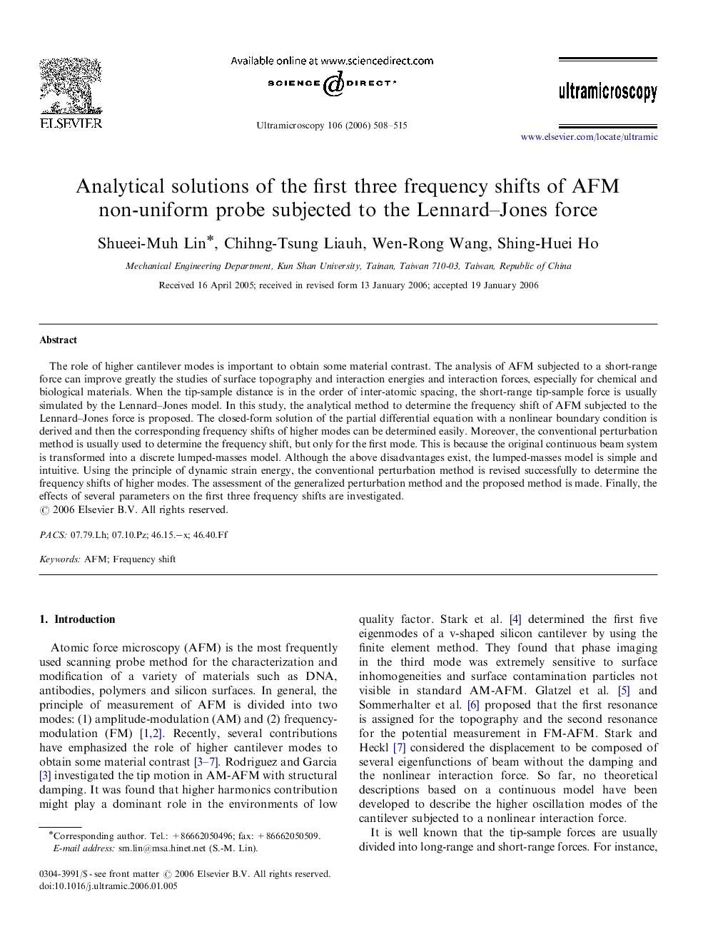 Analytical solutions of the first three frequency shifts of AFM non-uniform probe subjected to the Lennard–Jones force