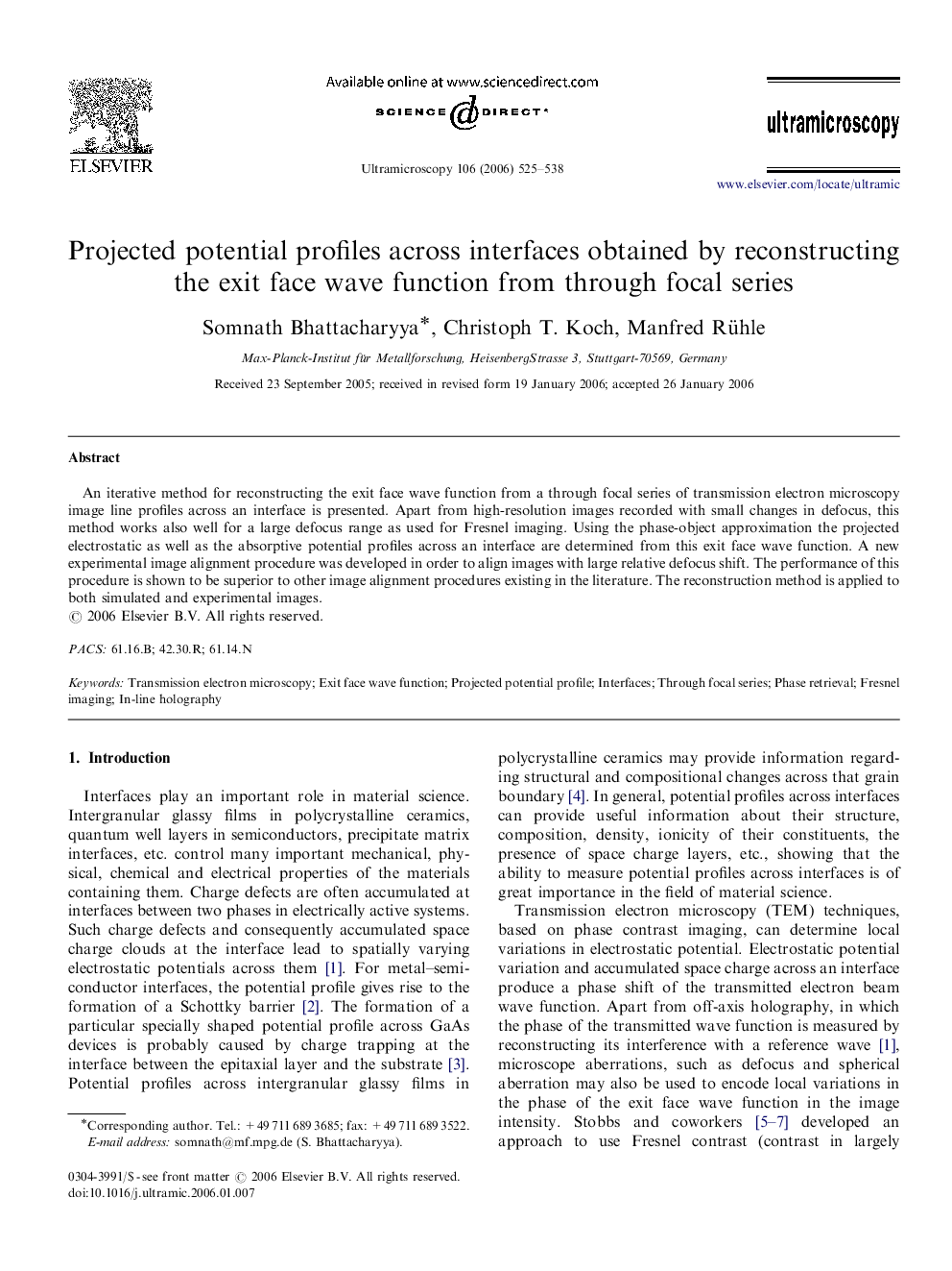 Projected potential profiles across interfaces obtained by reconstructing the exit face wave function from through focal series