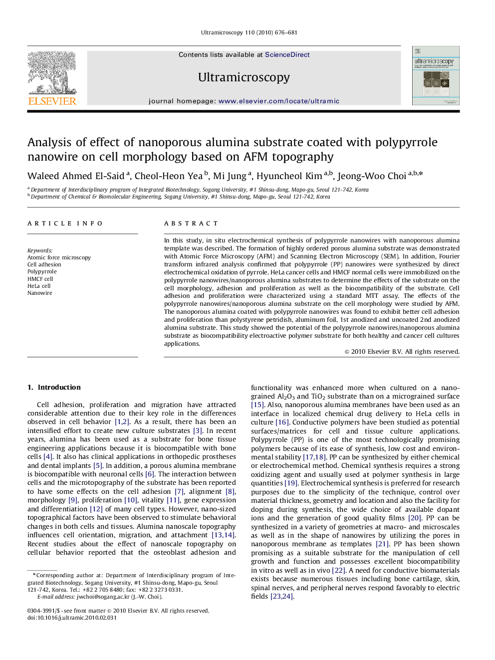 Analysis of effect of nanoporous alumina substrate coated with polypyrrole nanowire on cell morphology based on AFM topography