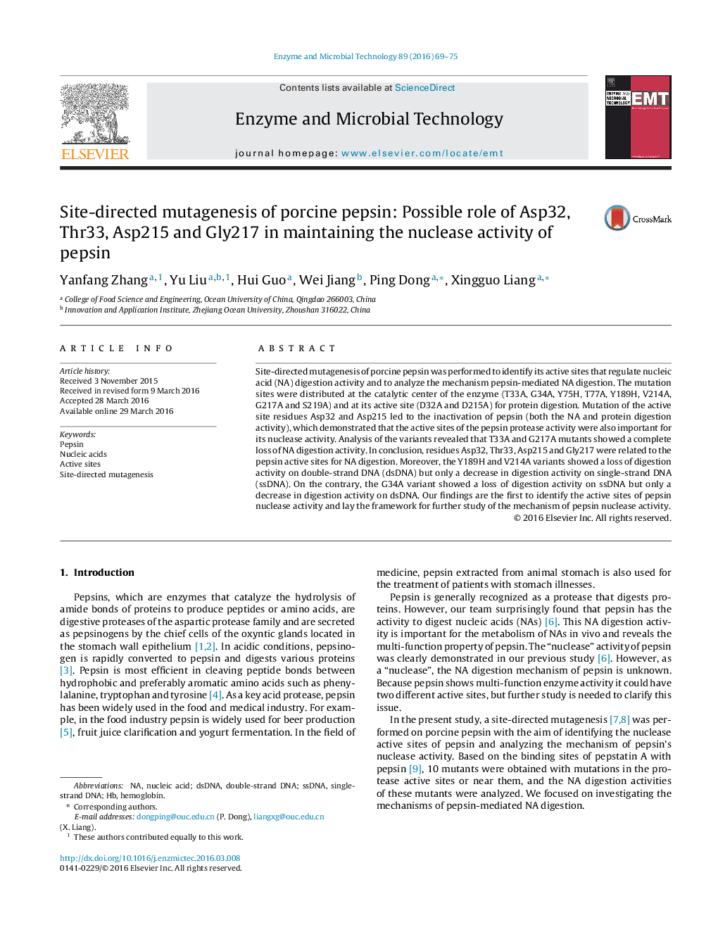 Site-directed mutagenesis of porcine pepsin: Possible role of Asp32, Thr33, Asp215 and Gly217 in maintaining the nuclease activity of pepsin