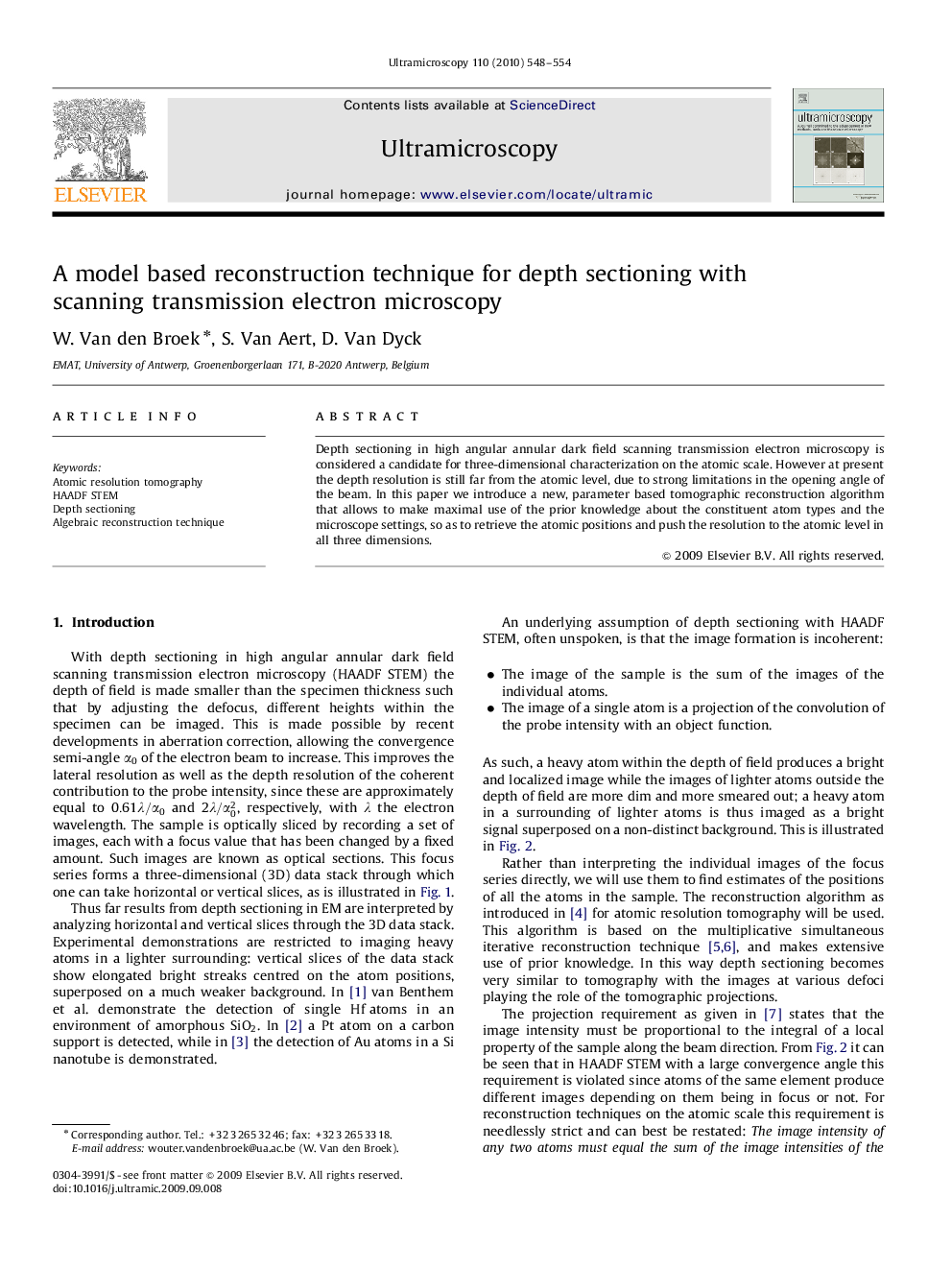 A model based reconstruction technique for depth sectioning with scanning transmission electron microscopy