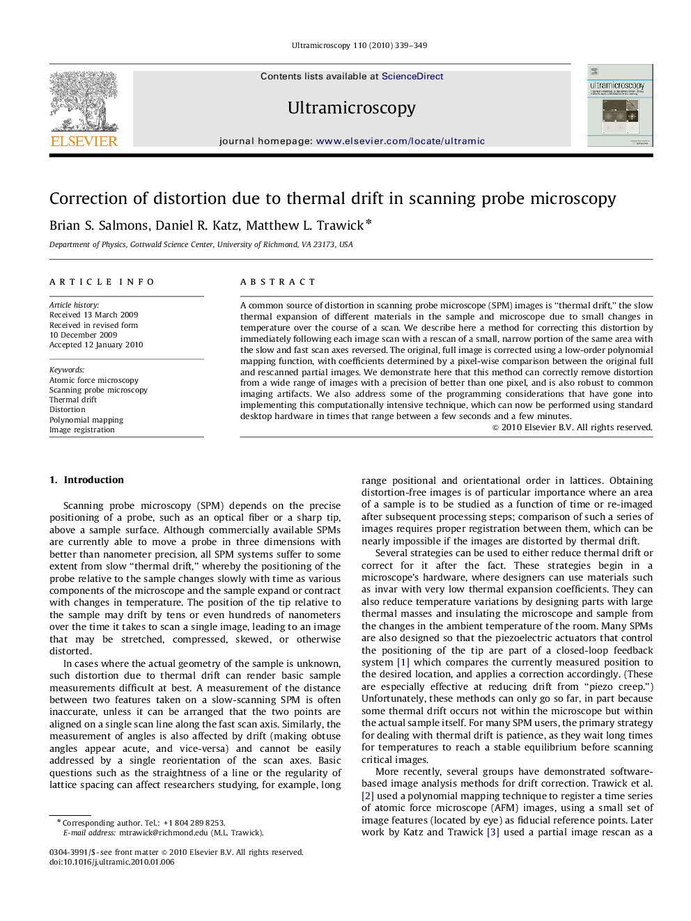 Correction of distortion due to thermal drift in scanning probe microscopy