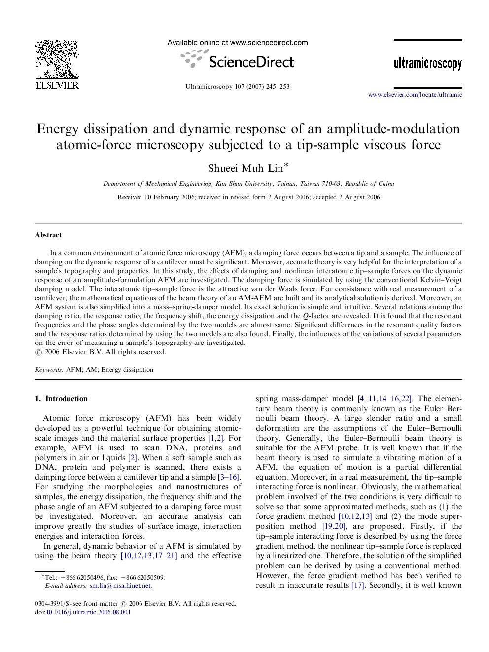 عکس صفحه اول مقاله: Energy dissipation and dynamic response of an amplitude-modulation atomic-force microscopy subjected to a tip-sample viscous force Energy dissipation and dynamic response of an amplitude-modulation atomic-force microscopy subjected to a tip-sample viscous force