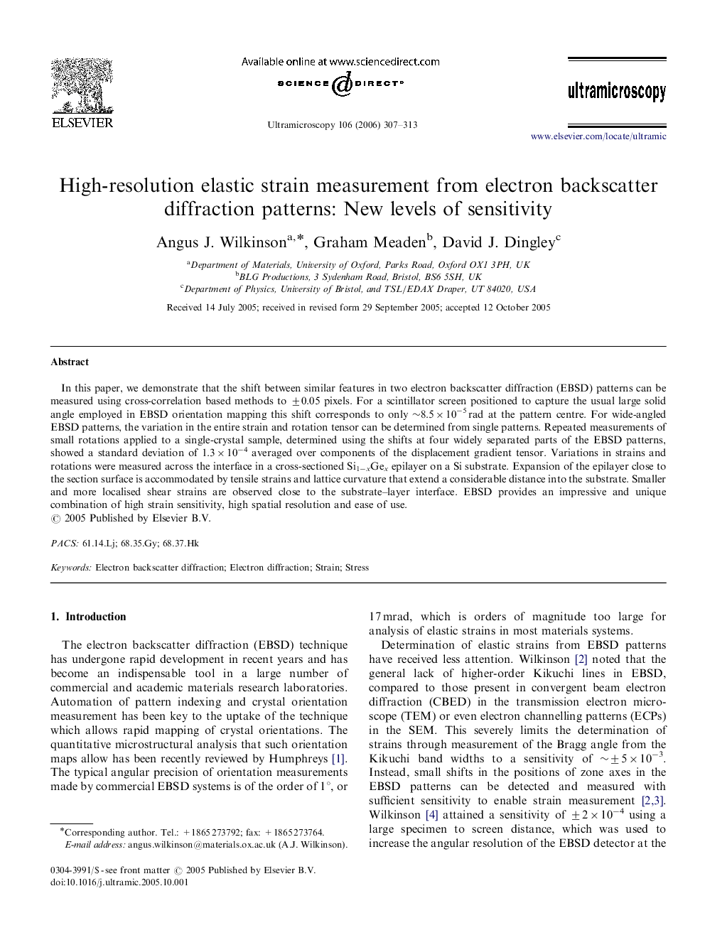 High-resolution elastic strain measurement from electron backscatter diffraction patterns: New levels of sensitivity