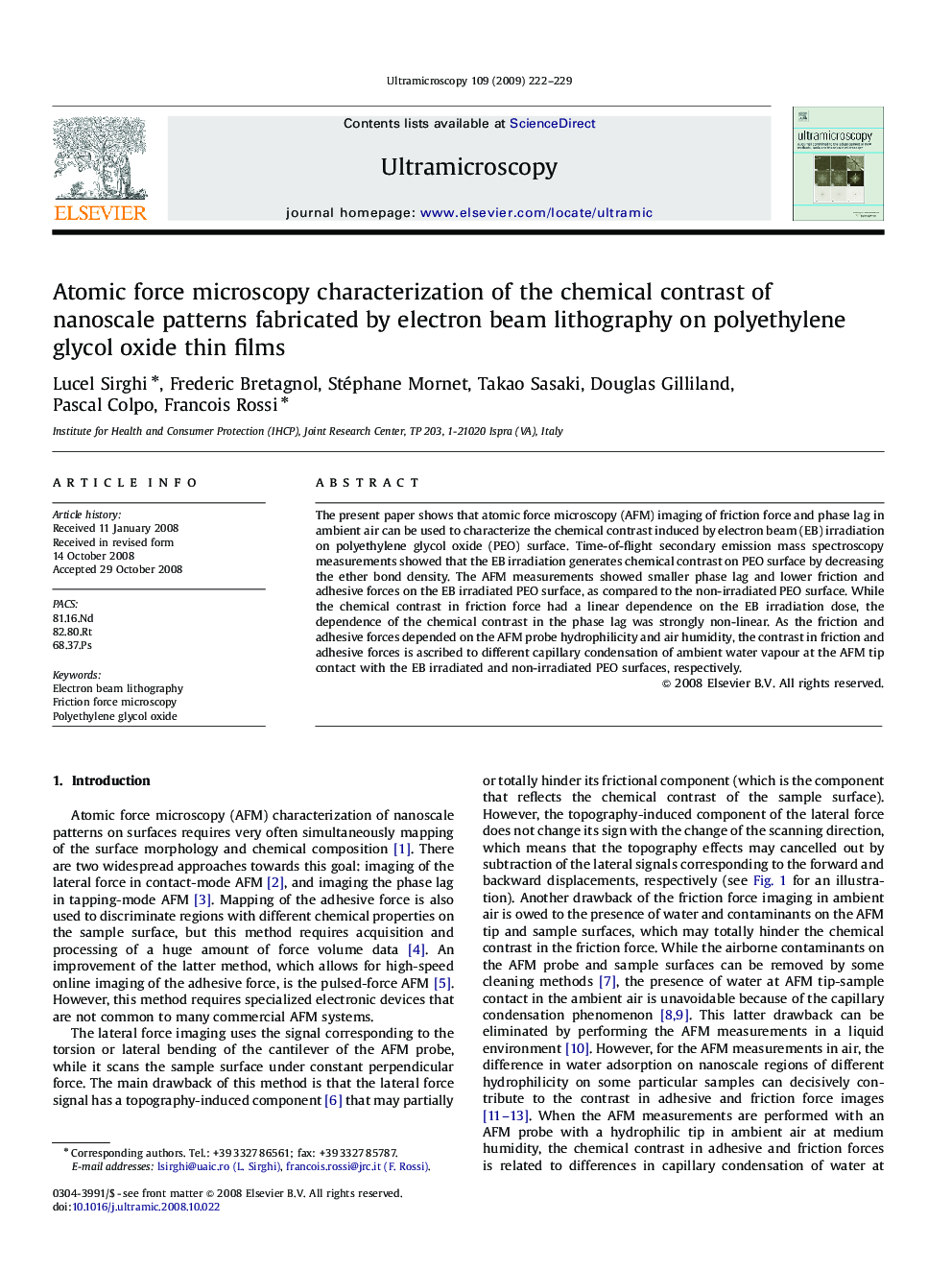 Atomic force microscopy characterization of the chemical contrast of nanoscale patterns fabricated by electron beam lithography on polyethylene glycol oxide thin films