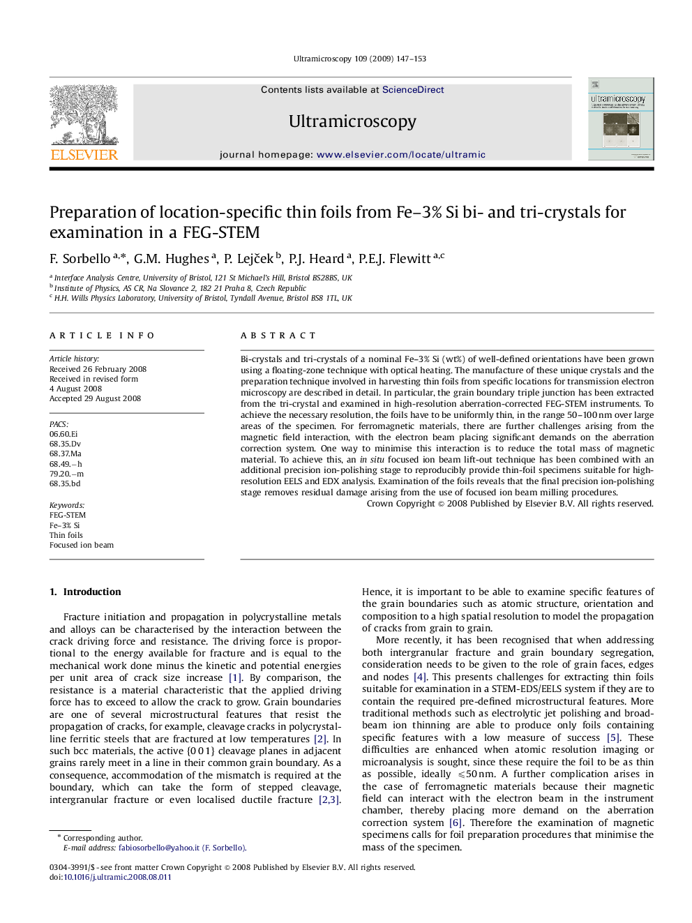 Preparation of location-specific thin foils from Fe–3% Si bi- and tri-crystals for examination in a FEG-STEM