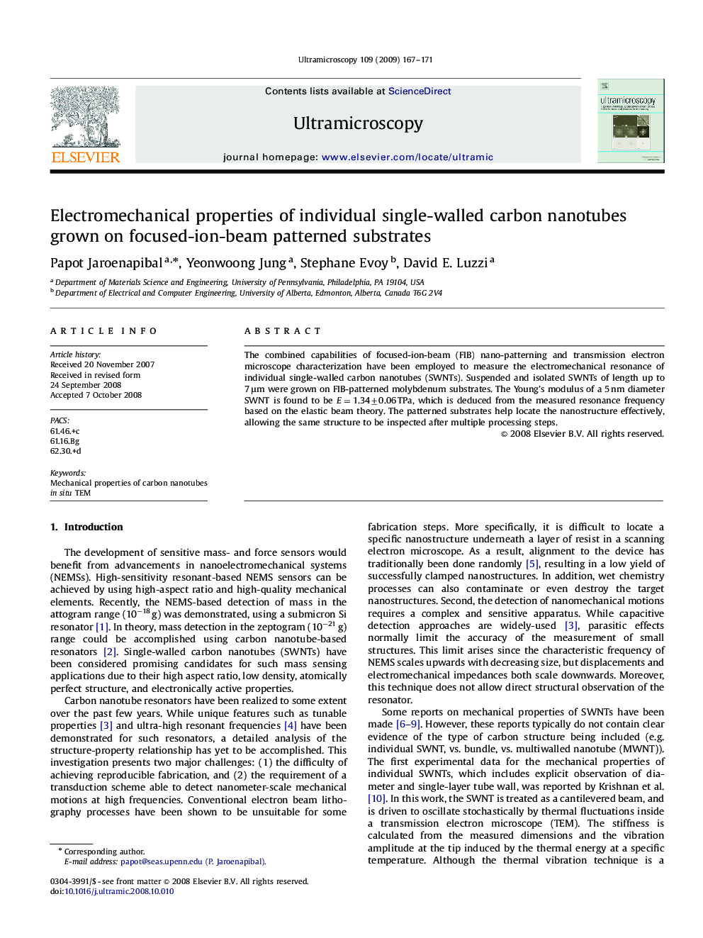 Electromechanical properties of individual single-walled carbon nanotubes grown on focused-ion-beam patterned substrates