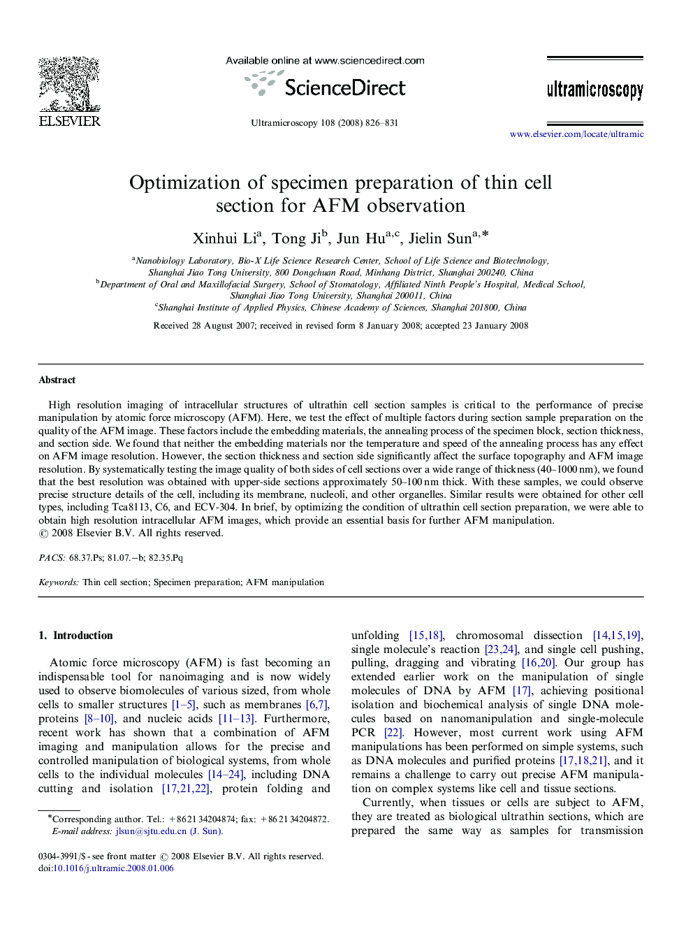 Optimization of specimen preparation of thin cell section for AFM observation