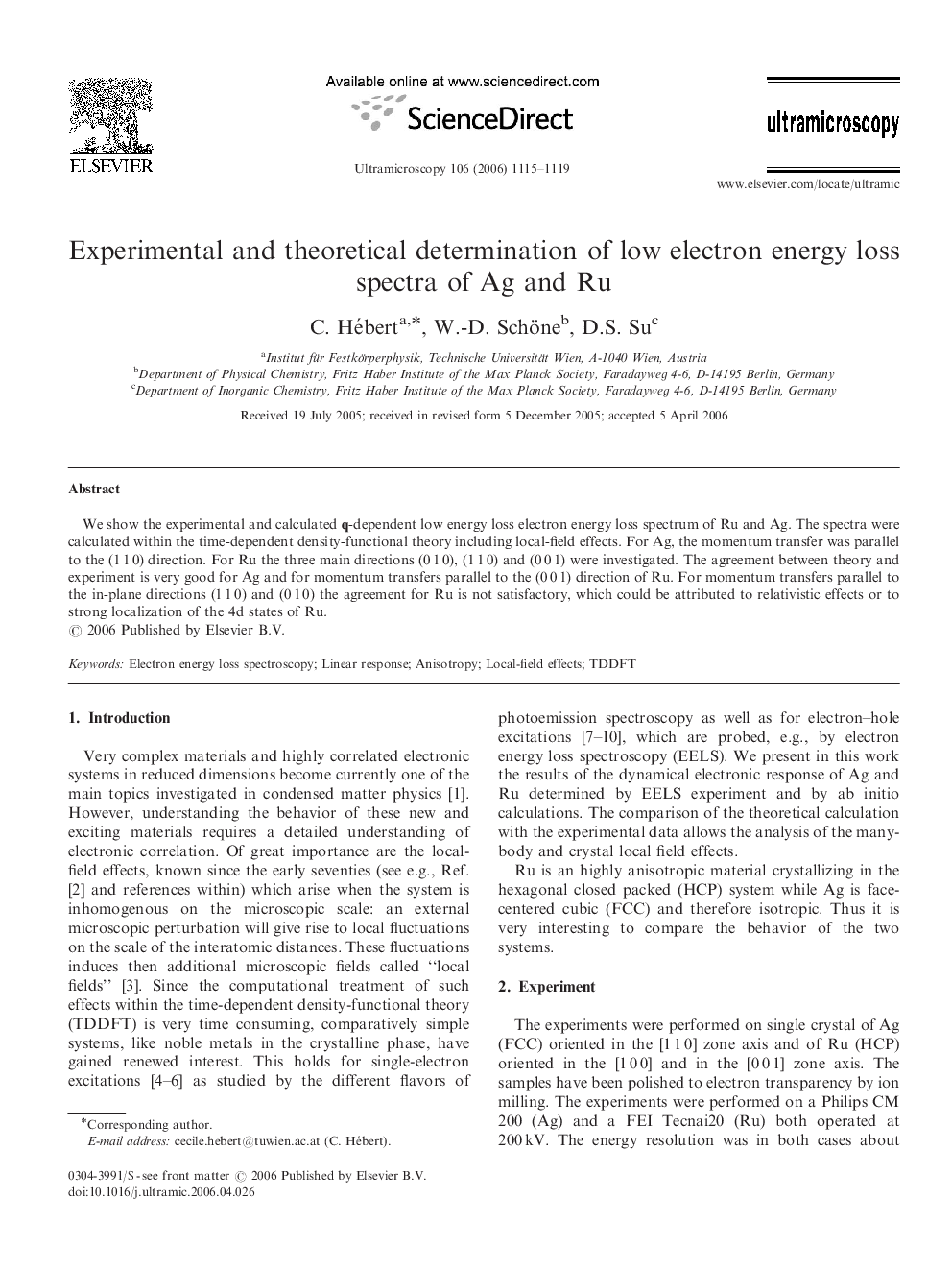 عکس صفحه اول مقاله: Experimental and theoretical determination of low electron energy loss spectra of Ag and Ru Experimental and theoretical determination of low electron energy loss spectra of Ag and Ru
