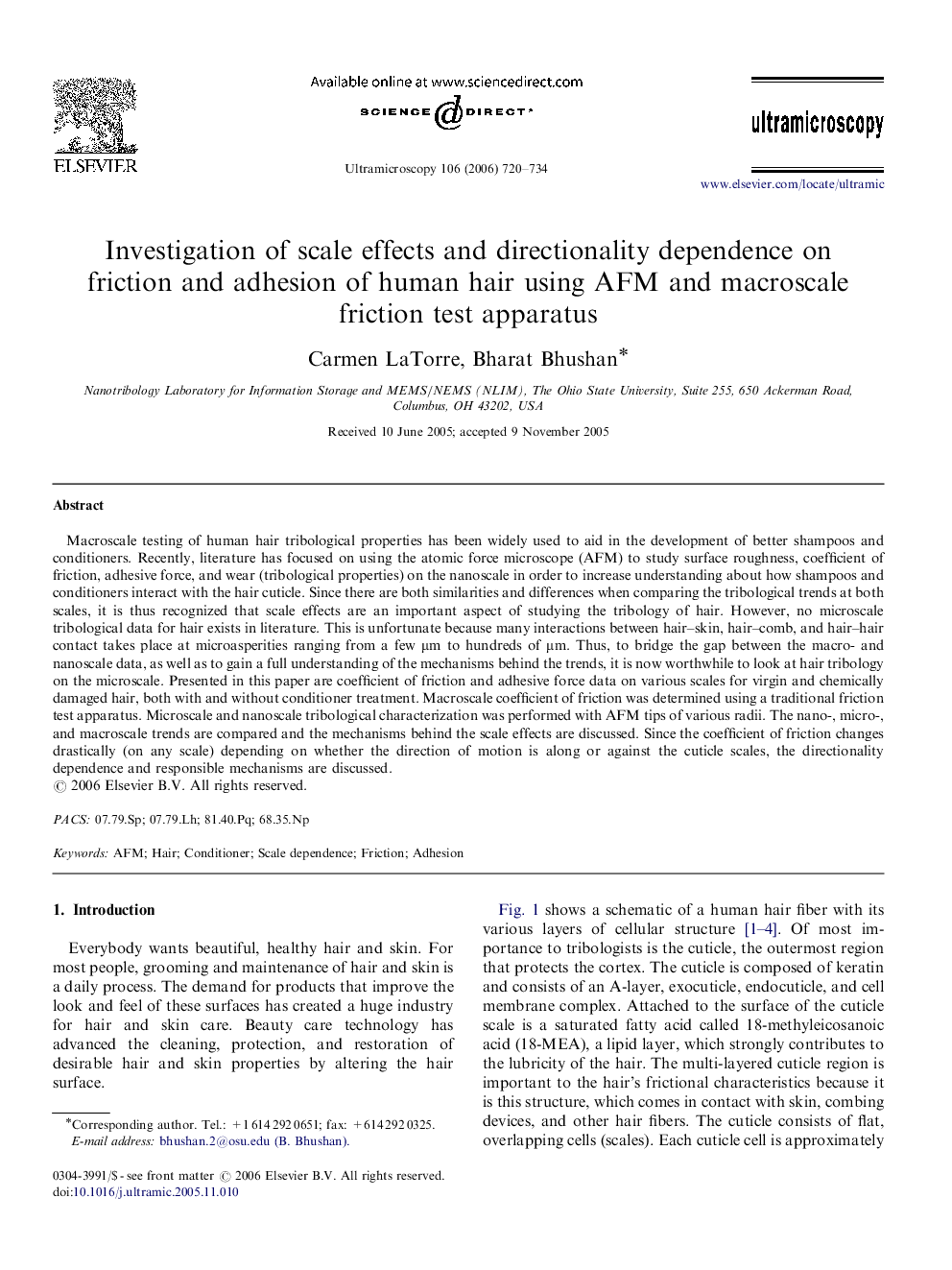 Investigation of scale effects and directionality dependence on friction and adhesion of human hair using AFM and macroscale friction test apparatus