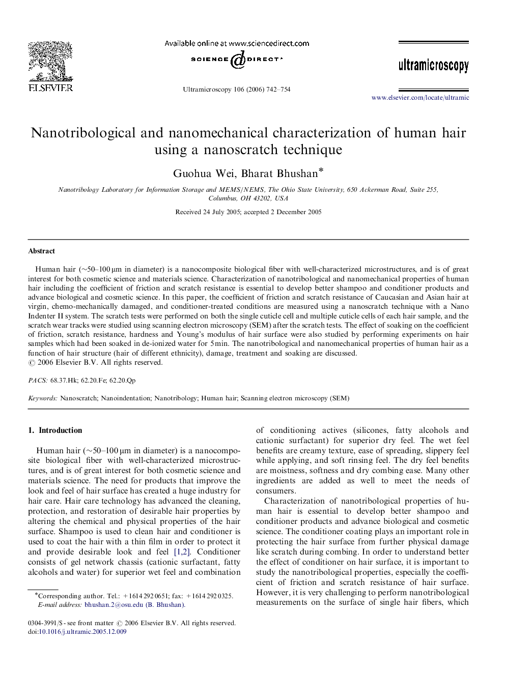 Nanotribological and nanomechanical characterization of human hair using a nanoscratch technique