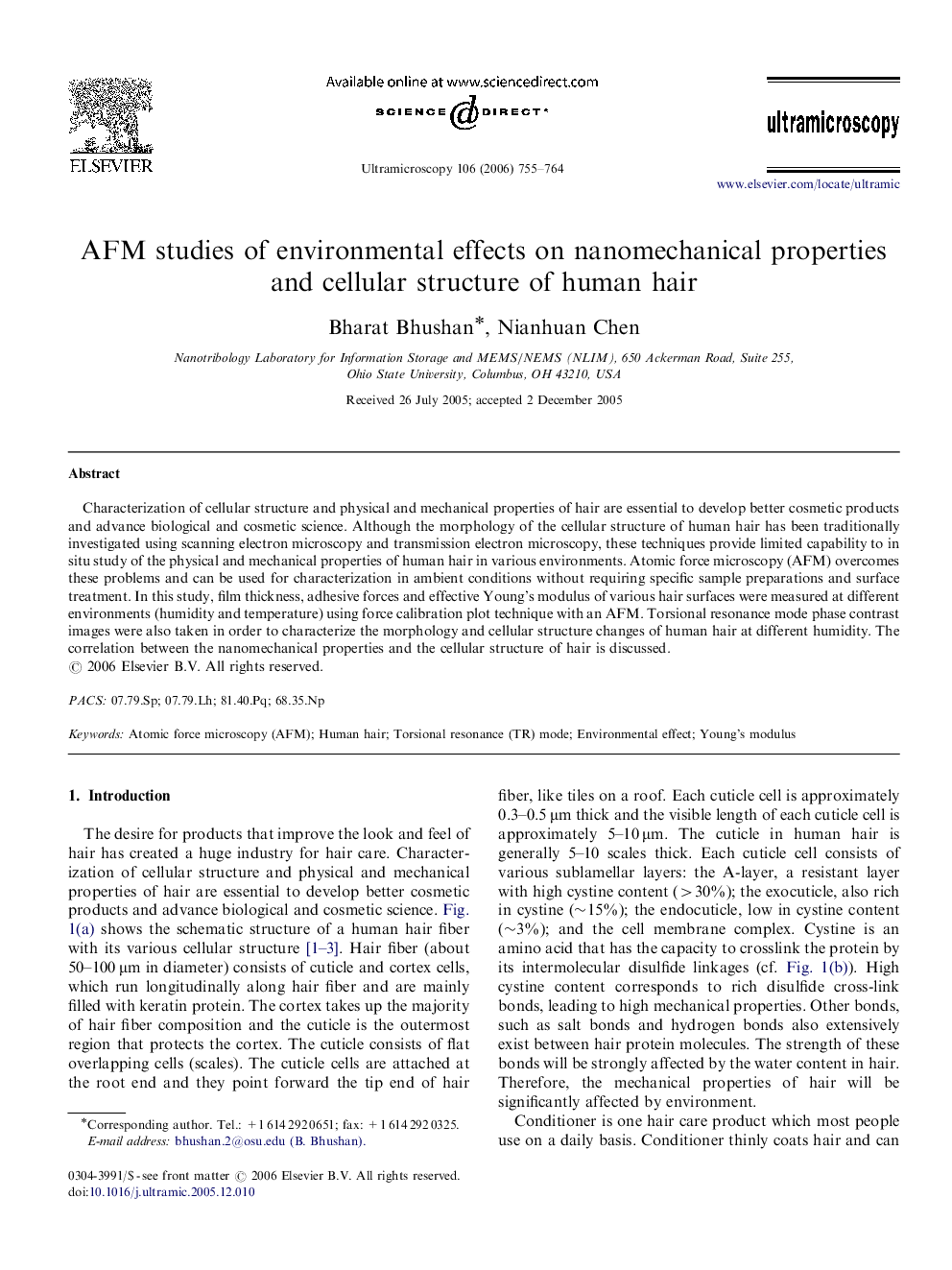 AFM studies of environmental effects on nanomechanical properties and cellular structure of human hair