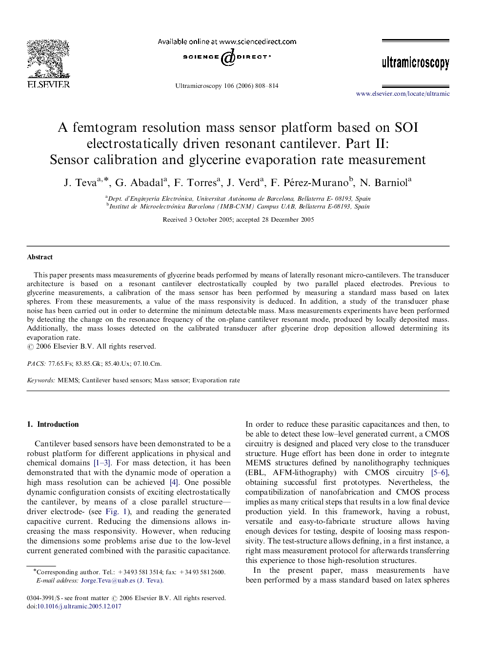 A femtogram resolution mass sensor platform based on SOI electrostatically driven resonant cantilever. Part II: Sensor calibration and glycerine evaporation rate measurement