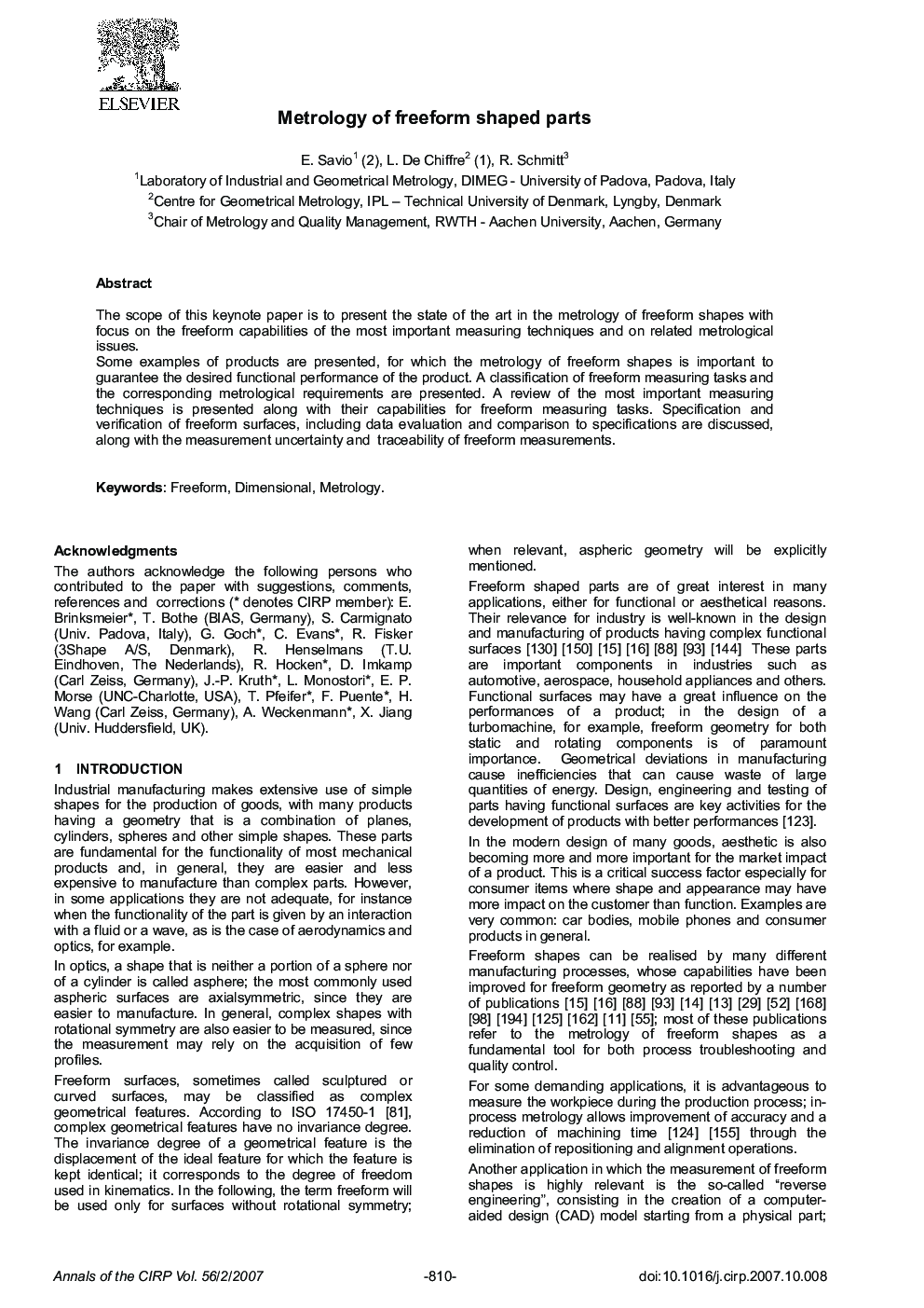 Metrology of freeform shaped parts