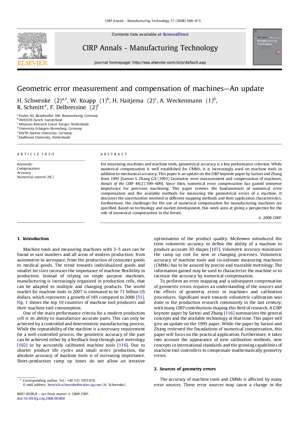 Geometric error measurement and compensation of machines—An update