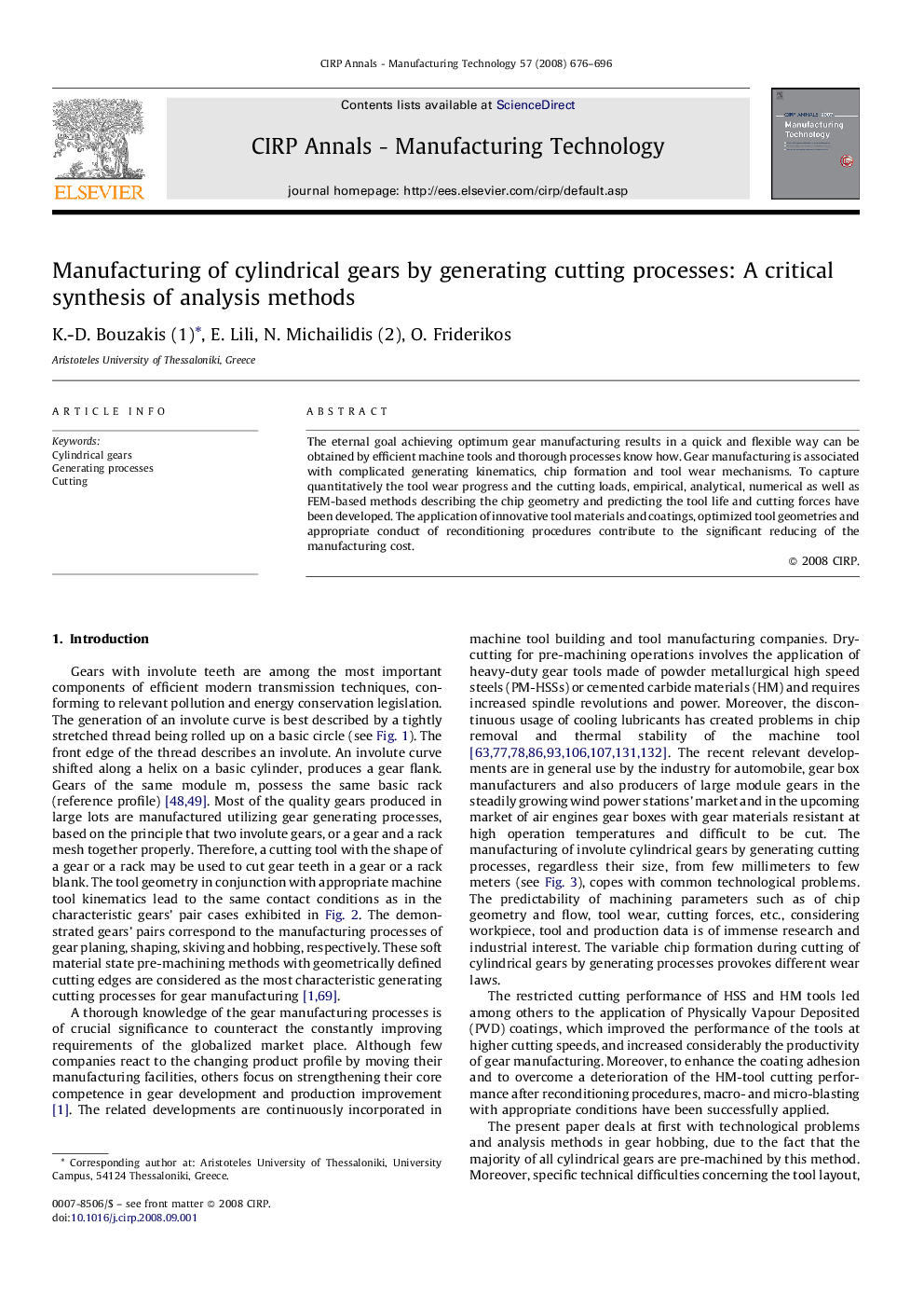 Manufacturing of cylindrical gears by generating cutting processes: A critical synthesis of analysis methods