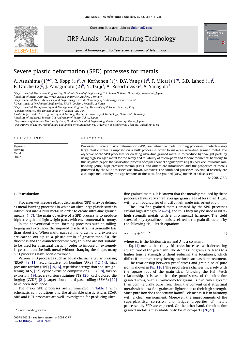 Severe plastic deformation (SPD) processes for metals