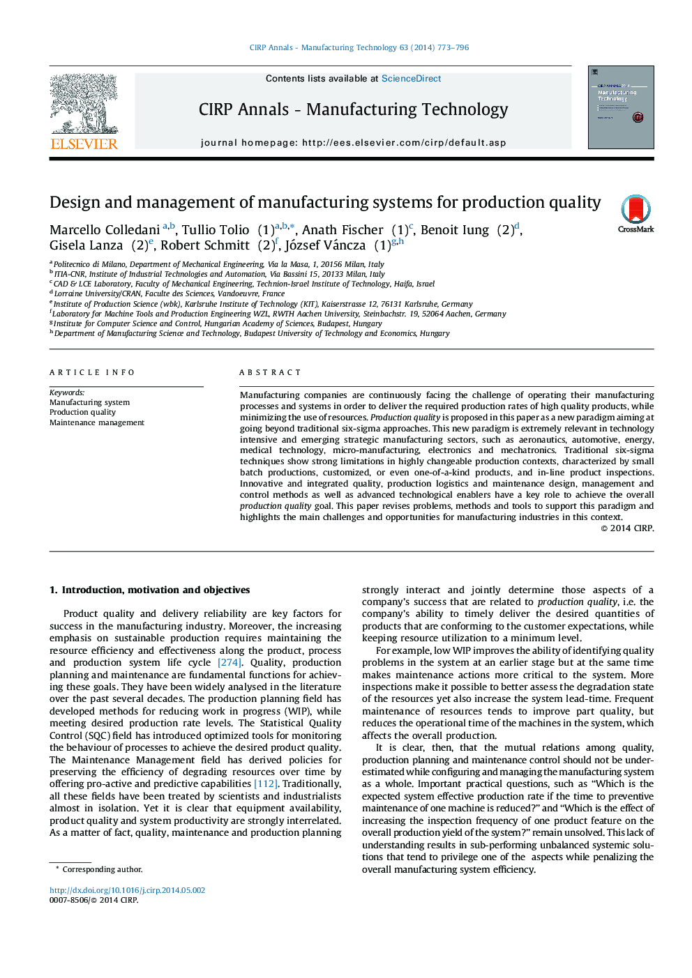 Design and management of manufacturing systems for production quality