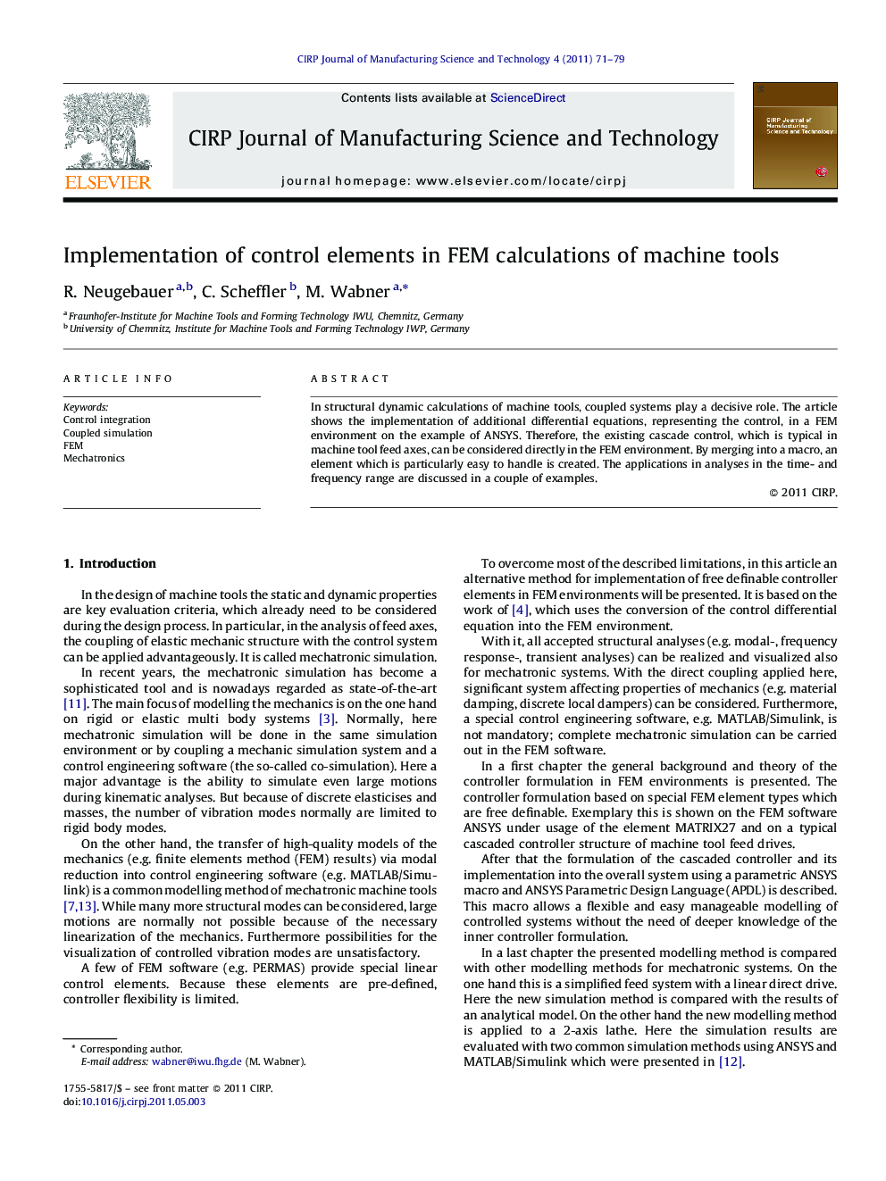 عکس صفحه اول مقاله: Implementation of control elements in FEM calculations of machine tools Implementation of control elements in FEM calculations of machine tools