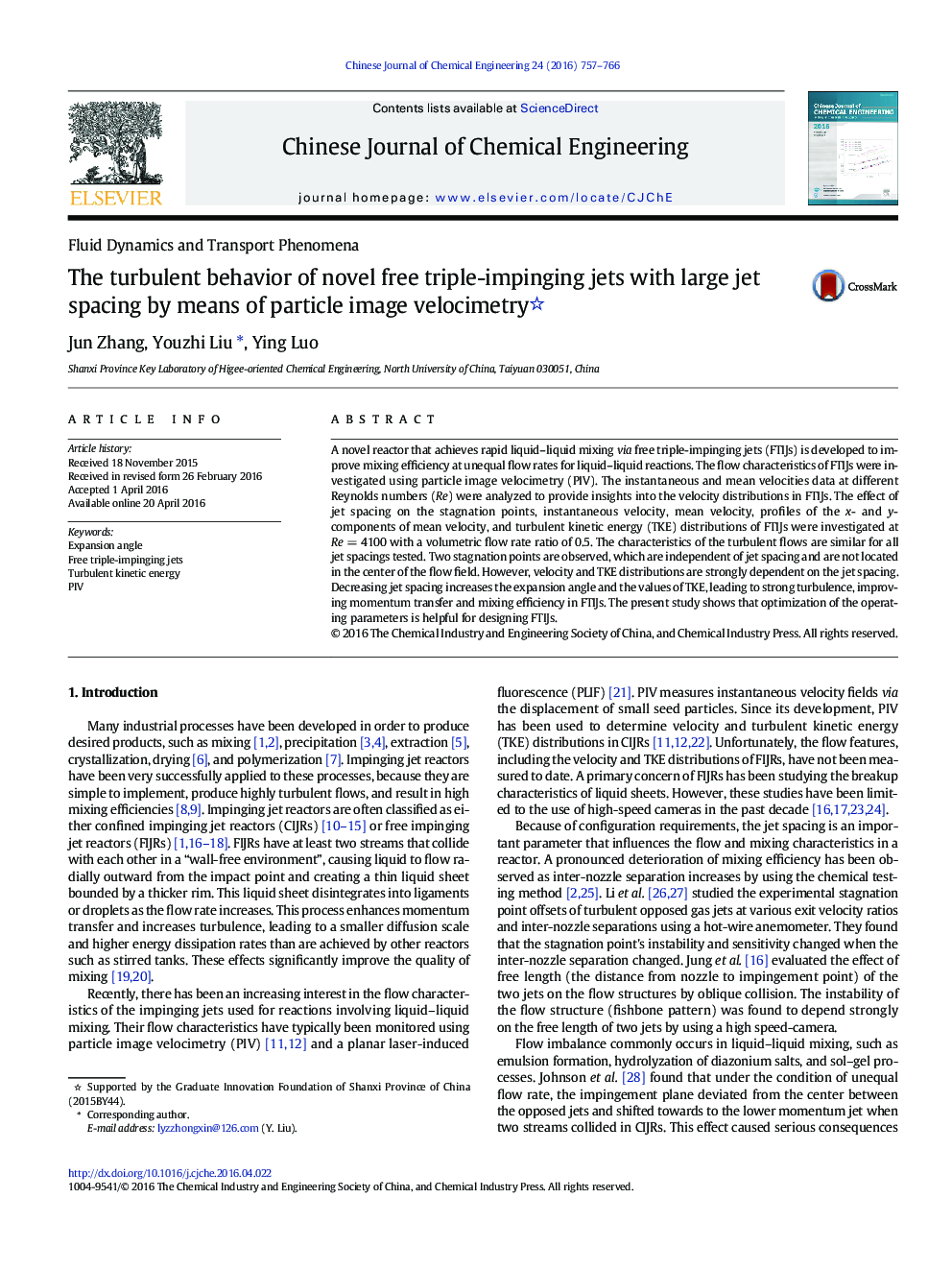 The turbulent behavior of novel free triple-impinging jets with large jet spacing by means of particle image velocimetry 