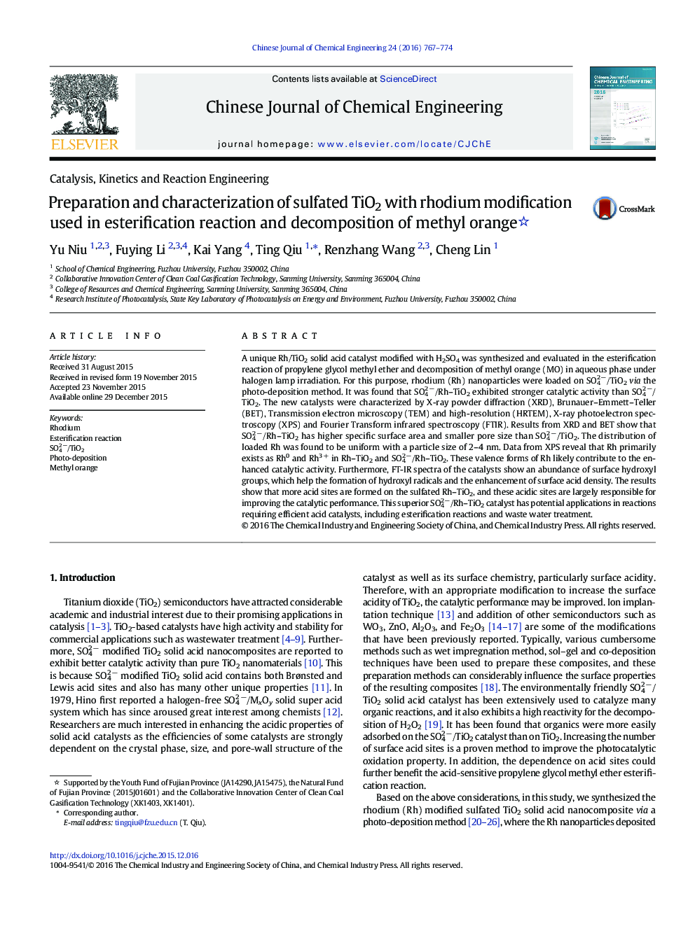 عکس صفحه اول مقاله: Preparation and characterization of sulfated TiO2 with rhodium modification used in esterification reaction and decomposition of methyl orange Preparation and characterization of sulfated TiO2 with rhodium modification used in esterification reaction and decomposition of methyl orange