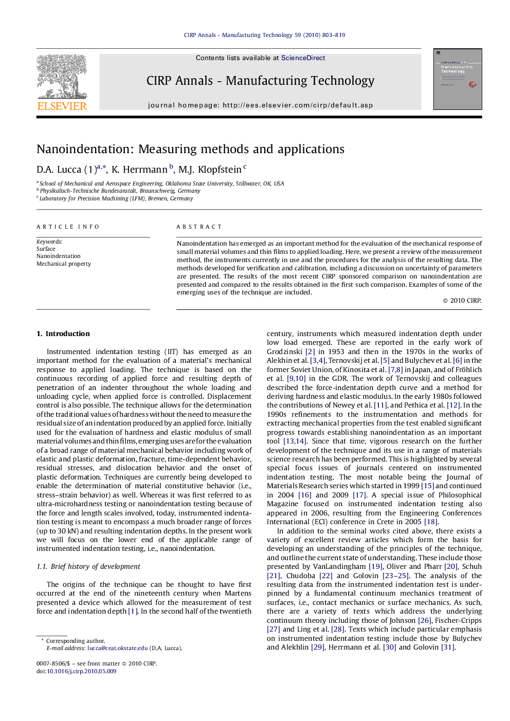 Nanoindentation: Measuring methods and applications