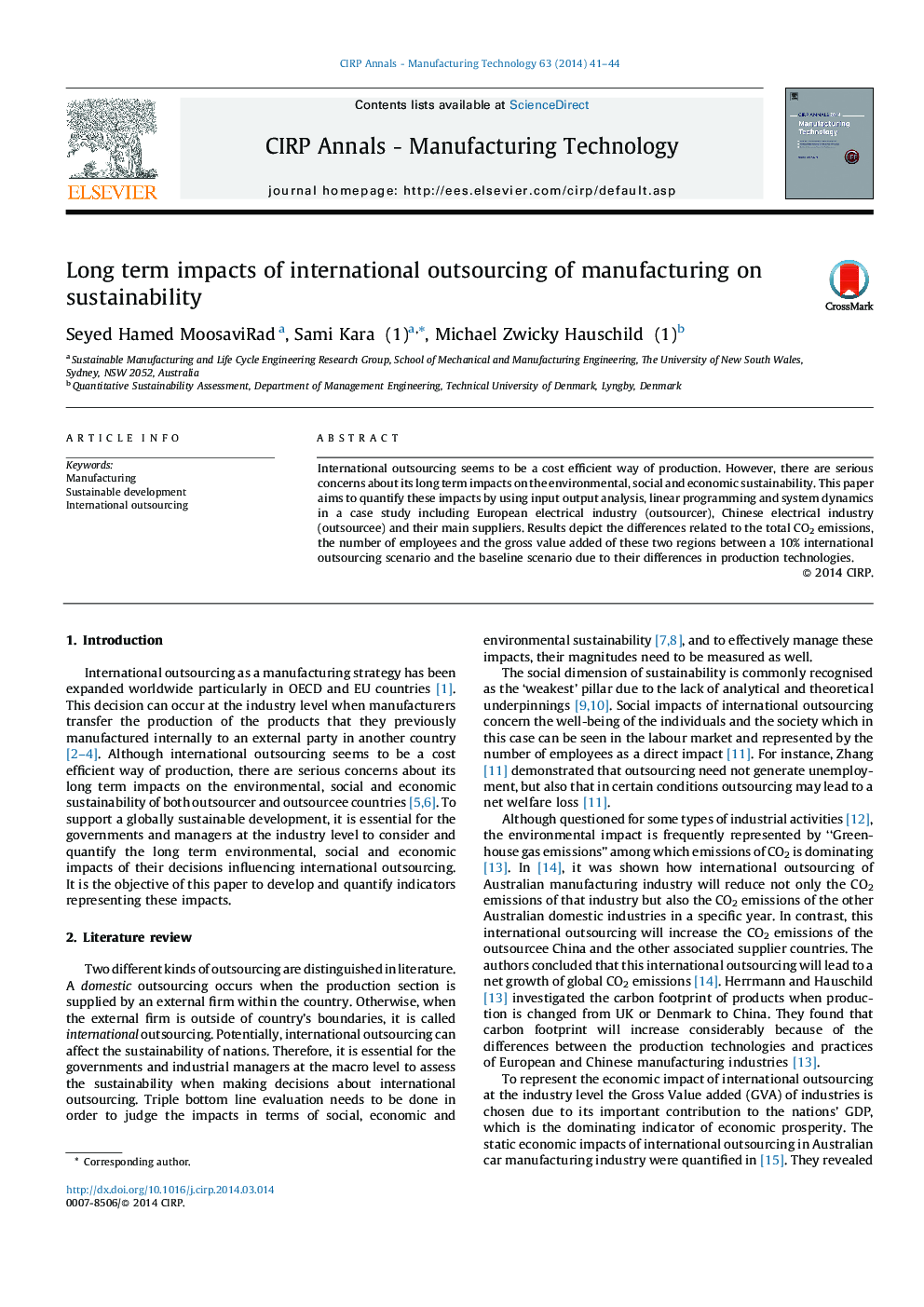 Long term impacts of international outsourcing of manufacturing on sustainability