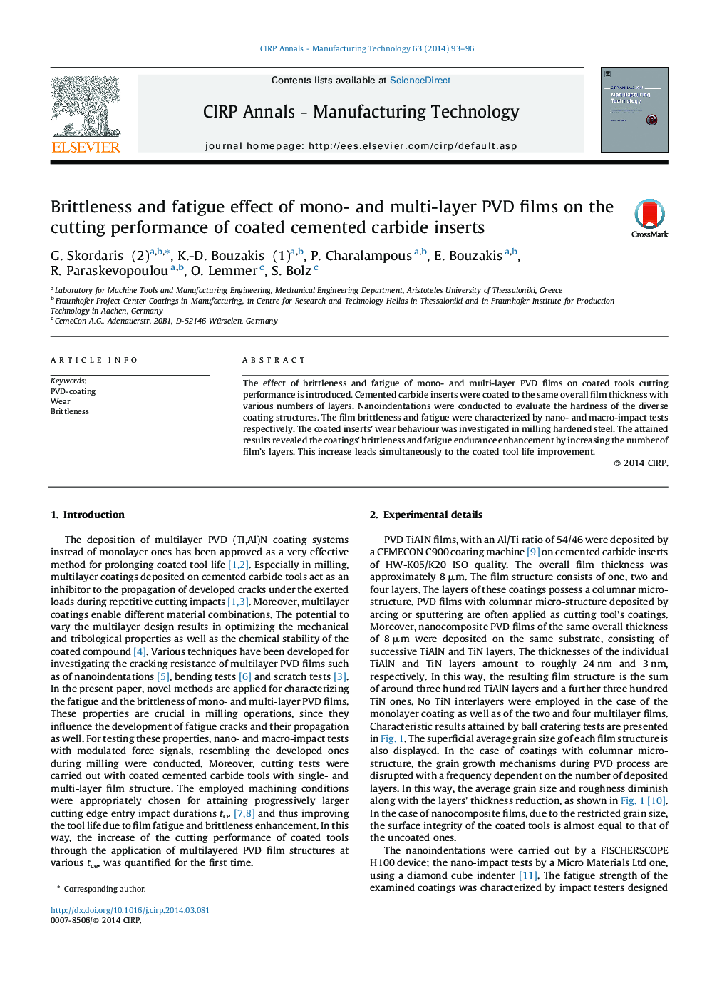 Brittleness and fatigue effect of mono- and multi-layer PVD films on the cutting performance of coated cemented carbide inserts