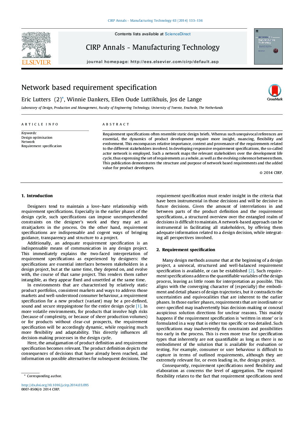 Network based requirement specification