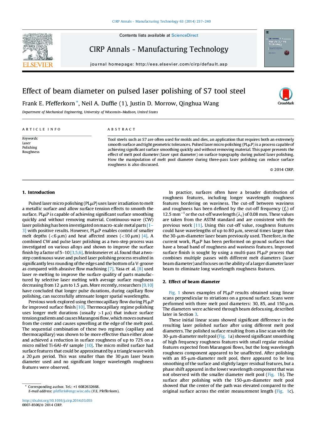 Effect of beam diameter on pulsed laser polishing of S7 tool steel