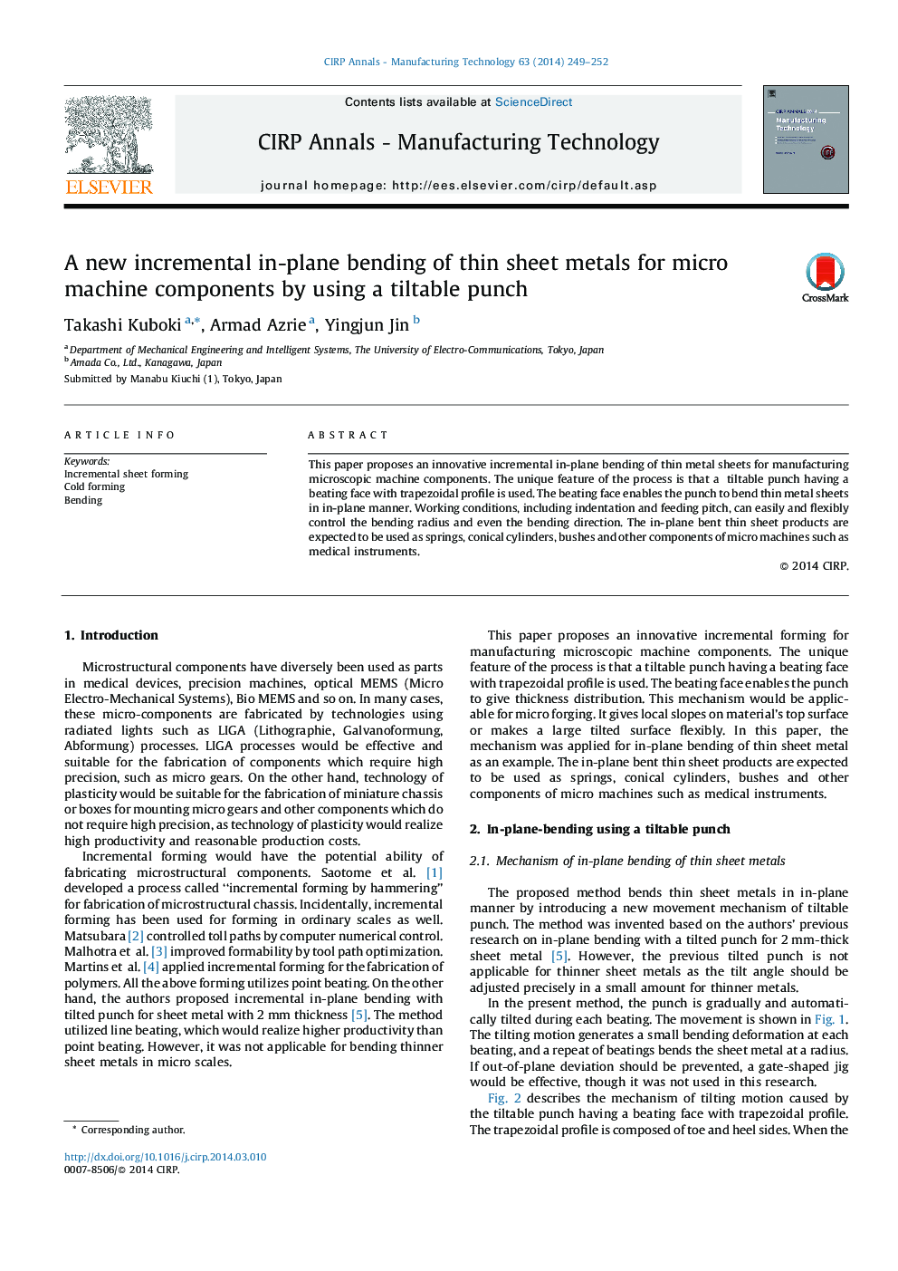 A new incremental in-plane bending of thin sheet metals for micro machine components by using a tiltable punch